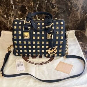 Michael Kors-Grayson Chain Stud Leather Satchel w/Strap-Navy+ MK Dust Bag